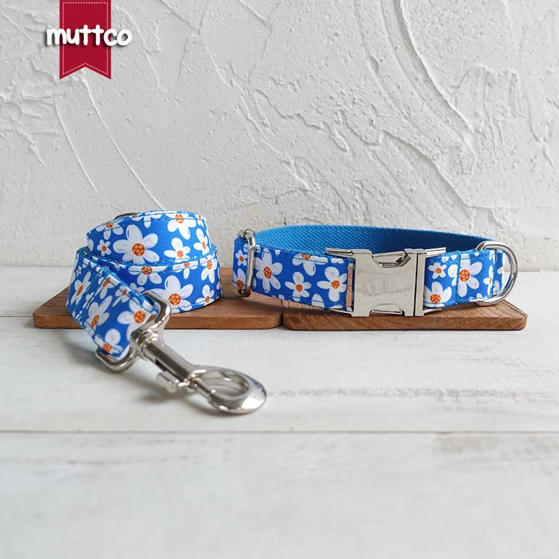 

MUTTCO The independent design pet dog collar&leash BLUE DAISY personalized adjustable puppy nameplate collar 5 sizes UDC135