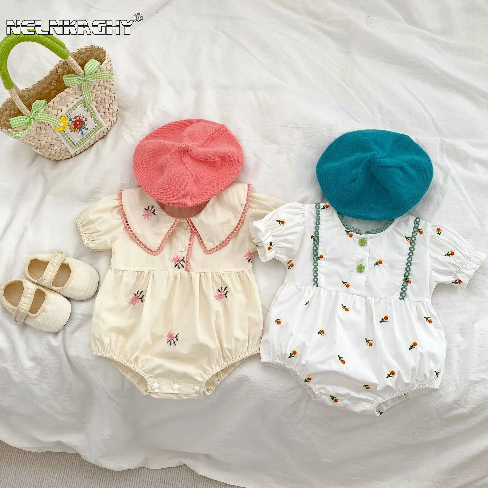 2023 New In Summer Newborn Infant Girls Short Sleeve Lace Collar Embroidery Flower Outwear Kids Baby Jumpsuits Cotton Bodysuits