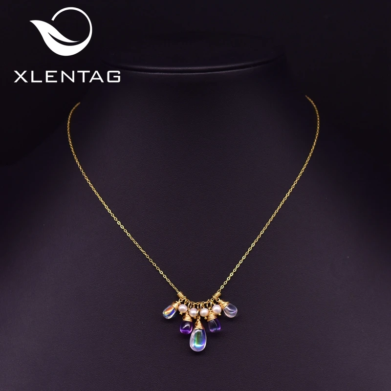 

XlentAg Custom Natural Pearls Purple Crystal Pendant Necklaces Colour Chain For Women Accessories Party Bohemian Jewerly GN0189