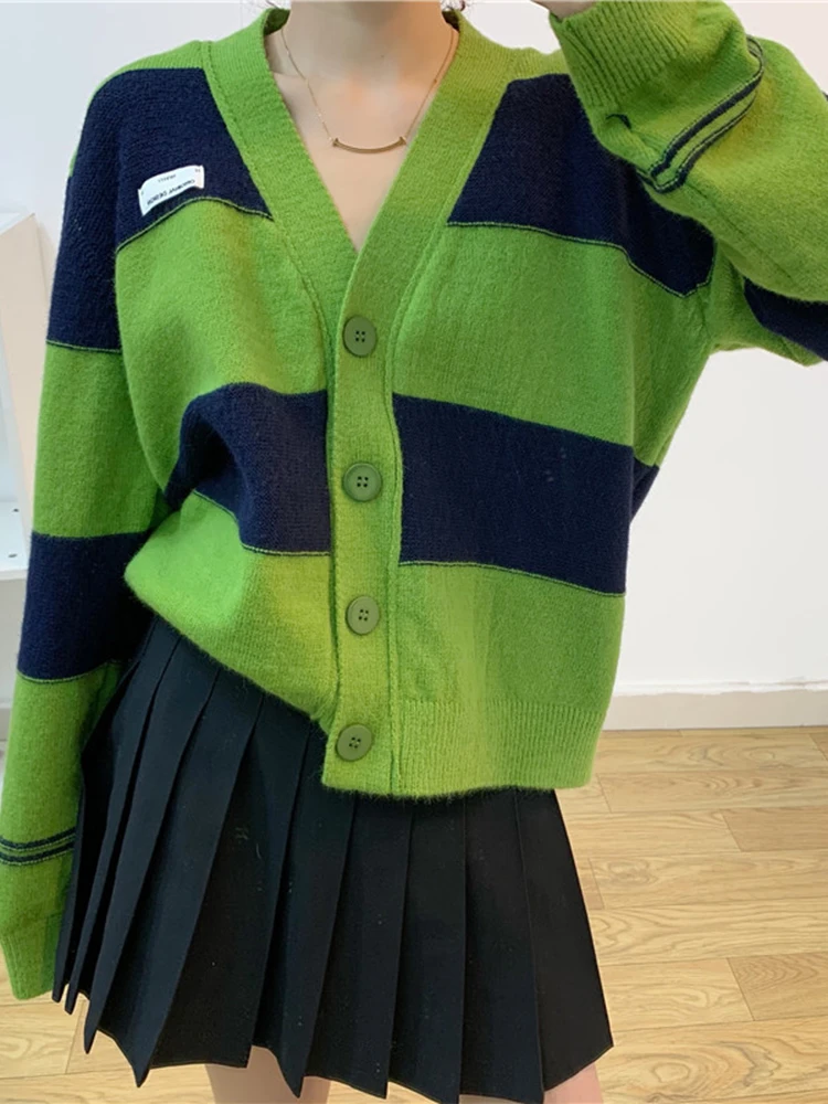 

Autumn Striped Knitted Cardigans Sweater Women V-neck Single Breasted Tops Casual Loose Coat 2022 Chic All-Match Ladies suéteres