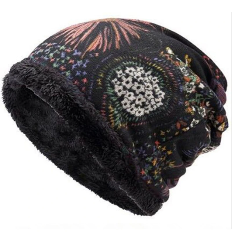 

2022 Winter Hat Women Plus Velvet Beanie Cap Print Warm Red Fashion Gorro Caps Soft Bonnet 3 Colors