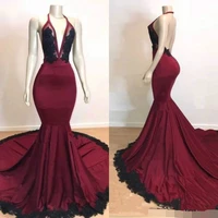 2019 modest halter backless mermaid satin prom dresses pageant sleeveless african lace applique evening vestidos de gala party