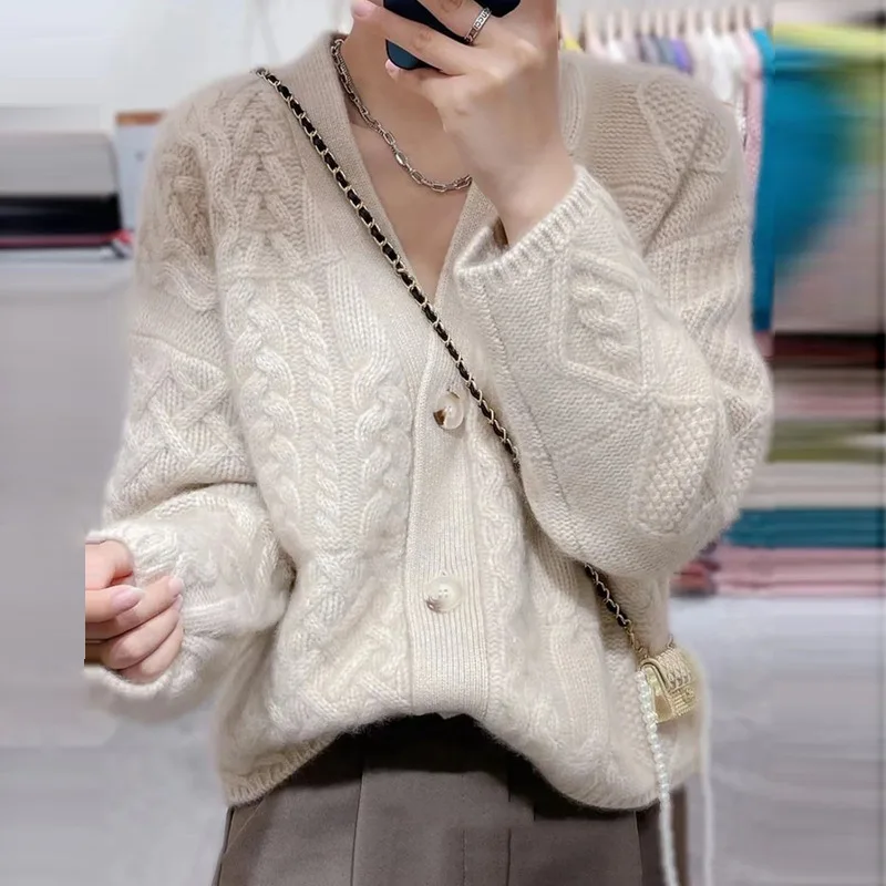 

Knitted Cardigan Women's New V-neck Loose Thickened Fried Dough Twist Knitting Sweater Coat In Autumn 2022 Cardigan Crop Top