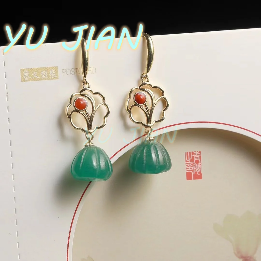 

Certified New Natural Hetian-Jade Exquisite Hand Carved Dongling Jade Eardrop Seedpod Lotus Vermilion Inlaid Earrings Jewelry