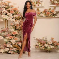 simple evening dresses for women velour pleated draped prom dress ladies off the shoulder front slit womens gown robe de soiree