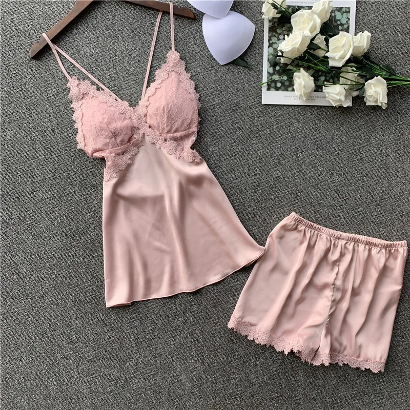 sexy women's lace & satin pajamas sets summer sleeveless sleepwear femme silk pijamas homewear lingerie with shorts