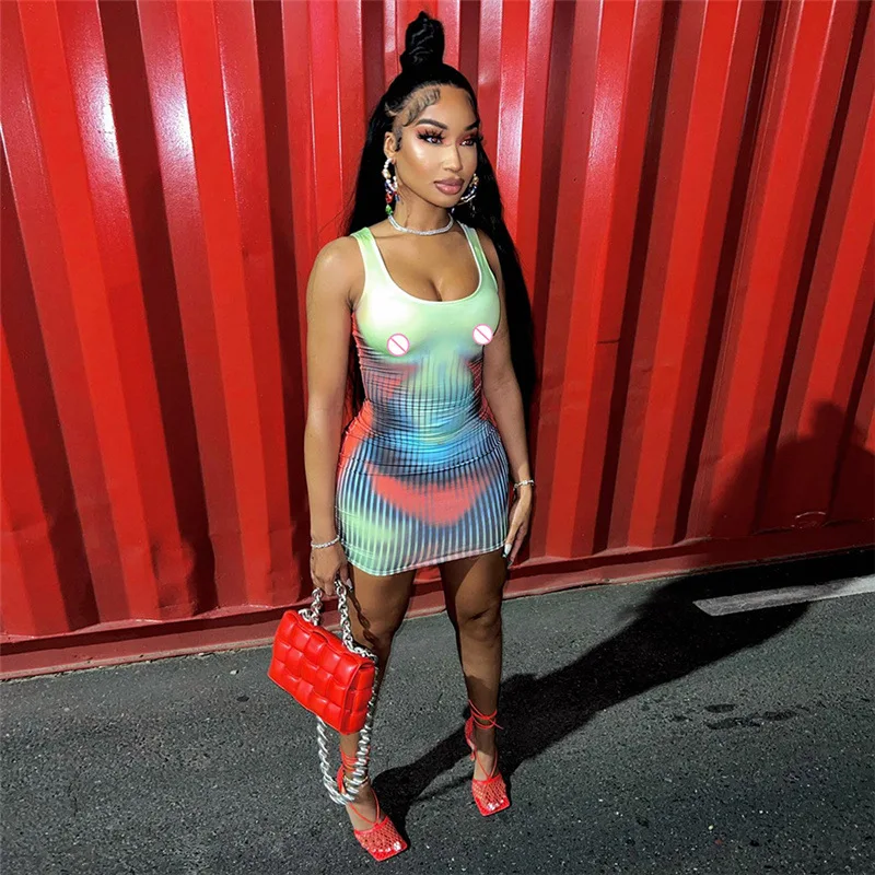 

3D Body Print Tank Dress Women Sexy U Neck Sleeveless Bodycon Mini Night Clubwear Party Dresses Hottie Y2K Clothes