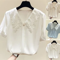 2022 spring summer peter pan collar chiffon blouse korean sweet style pullpver shirt long sleeve solid color tops for women