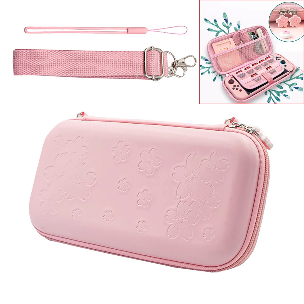 

for Nintendo Switch Sakura Carry Case Protective Bundle Bag Pink Cute Water-Proof Thumb Grips Wrist Strap Shoulder Accessories