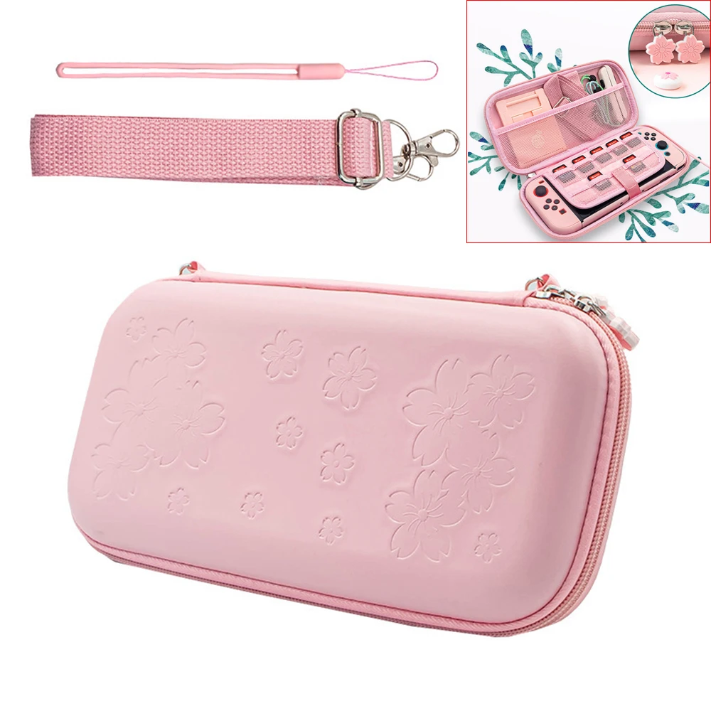 for Nintendo Switch Sakura Carry Case Protective Bundle Bag Pink Cute Water-Proof Thumb Grips Wrist Strap Shoulder Accessories