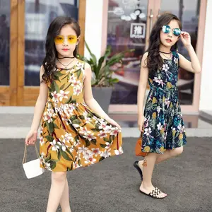 2022 Summer New Girls Dress Fashion Floral Pattern Beach Dress for Girl Sleeveless Children Casual Dresses Teen Costume E03