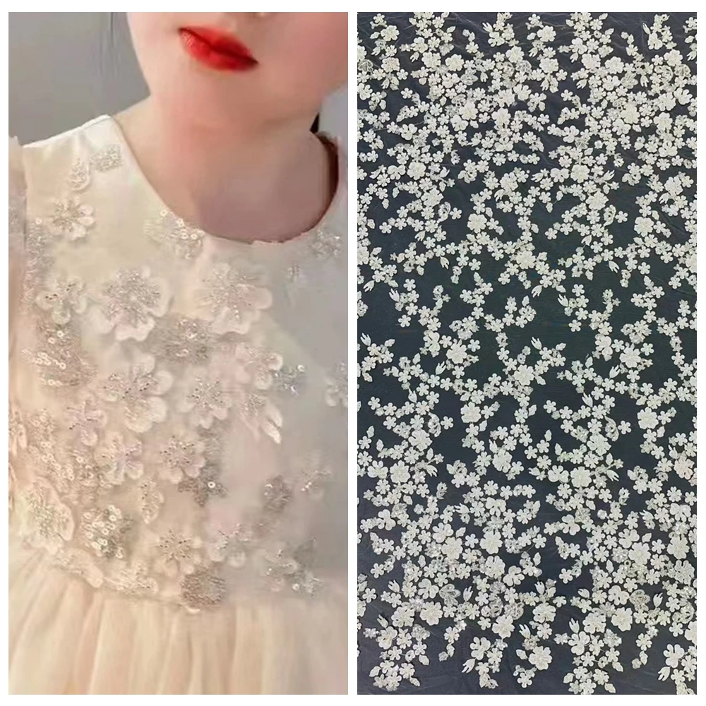 

Off White Silvery Beading 2D Appliqued Flowers Laser Cutting Embroidery Fabric Clothing Dress Gown Lace Material 1 Yard 2022 NEW