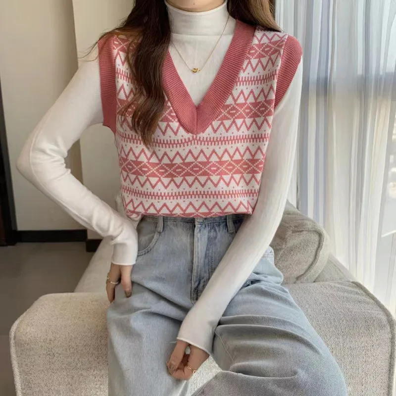 

Spring Autumn V-neck Sleeveles Geometric Pattern Pullover Short Vest Vest Knitwear Women's New Sleeveless Loose Outerwear Tops
