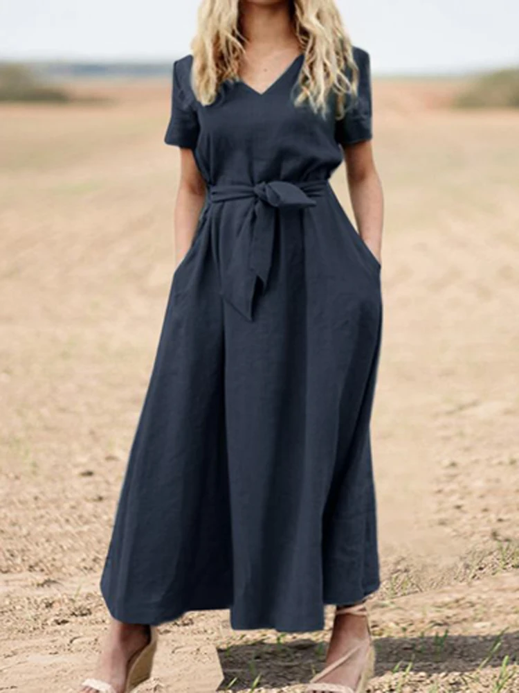 

Платье женское хлопково-льняное с V-образным вырезом и коротким рукавом