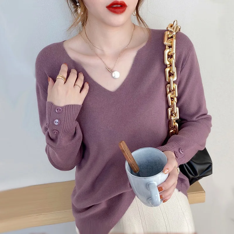 

V Neck Sweater Autumn New Long Sleeve Thin Top Sweater Korean Version Soft Sweater Women