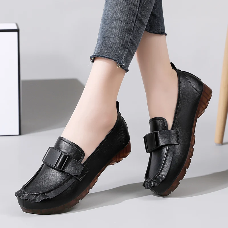 2023 New Women Flats Leather Loafers Rubber High Quality Woman Casual Shoes Non-slip Luxury Female Slip-on Boat Shoes Moccasins