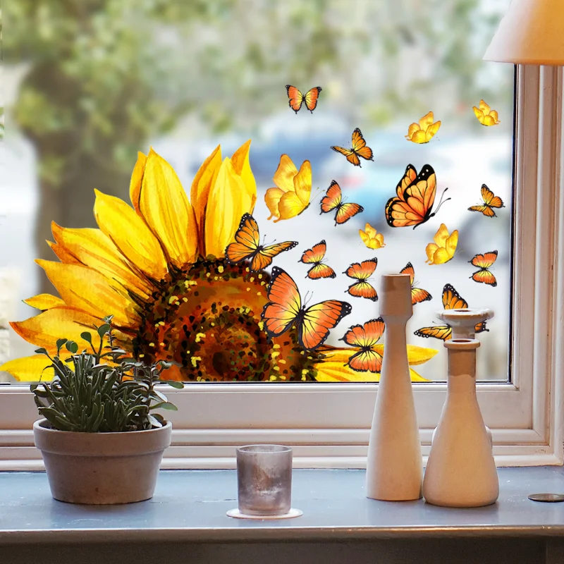 

Sunflower Butterfly Print Wall Stickers Removable Vinyl Flowers Wall Decals Wallpaper Household Room Decoration Room Decor