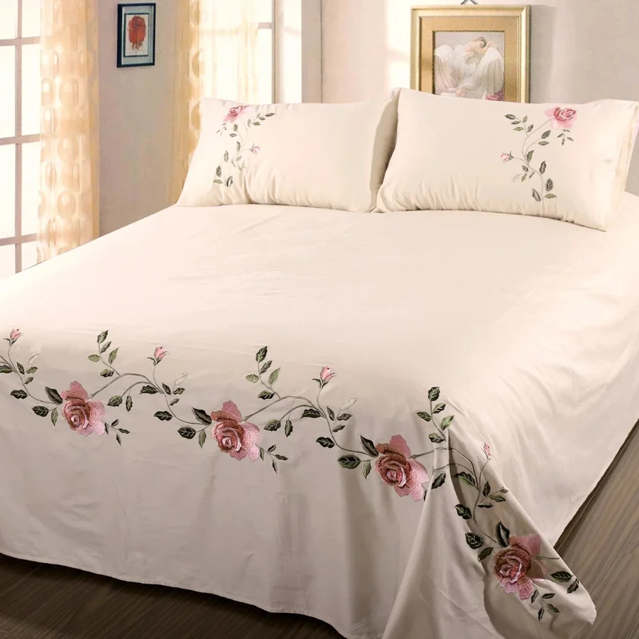 

Embroidery Rose Flora Flat Bedding Solid Cotton Twill Linen Bedding Home Texture For Home