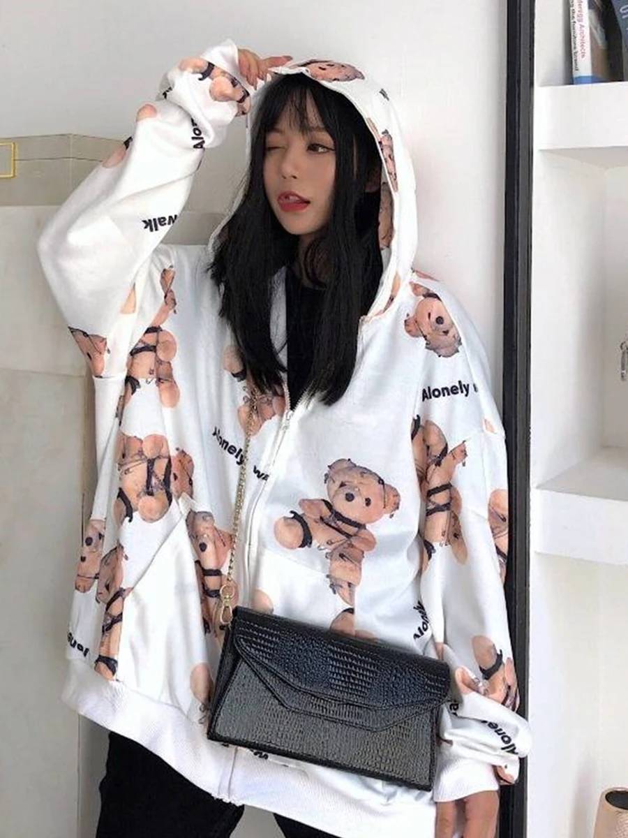 

Cute Bear Print Sweatshirts Jacket Zipper Hoodie Coat Women Autumn Winter Casual Girls Loose Hooded Tracksuit Hoodies Female