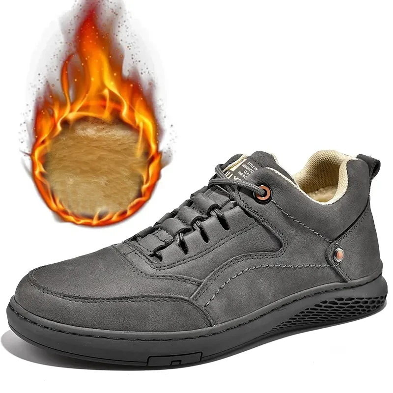 Mens Fashion Pu Walking Shoes Trend Autumn Winter Casual Plush Flats Outdoor Comfortable Sneakers Footwear