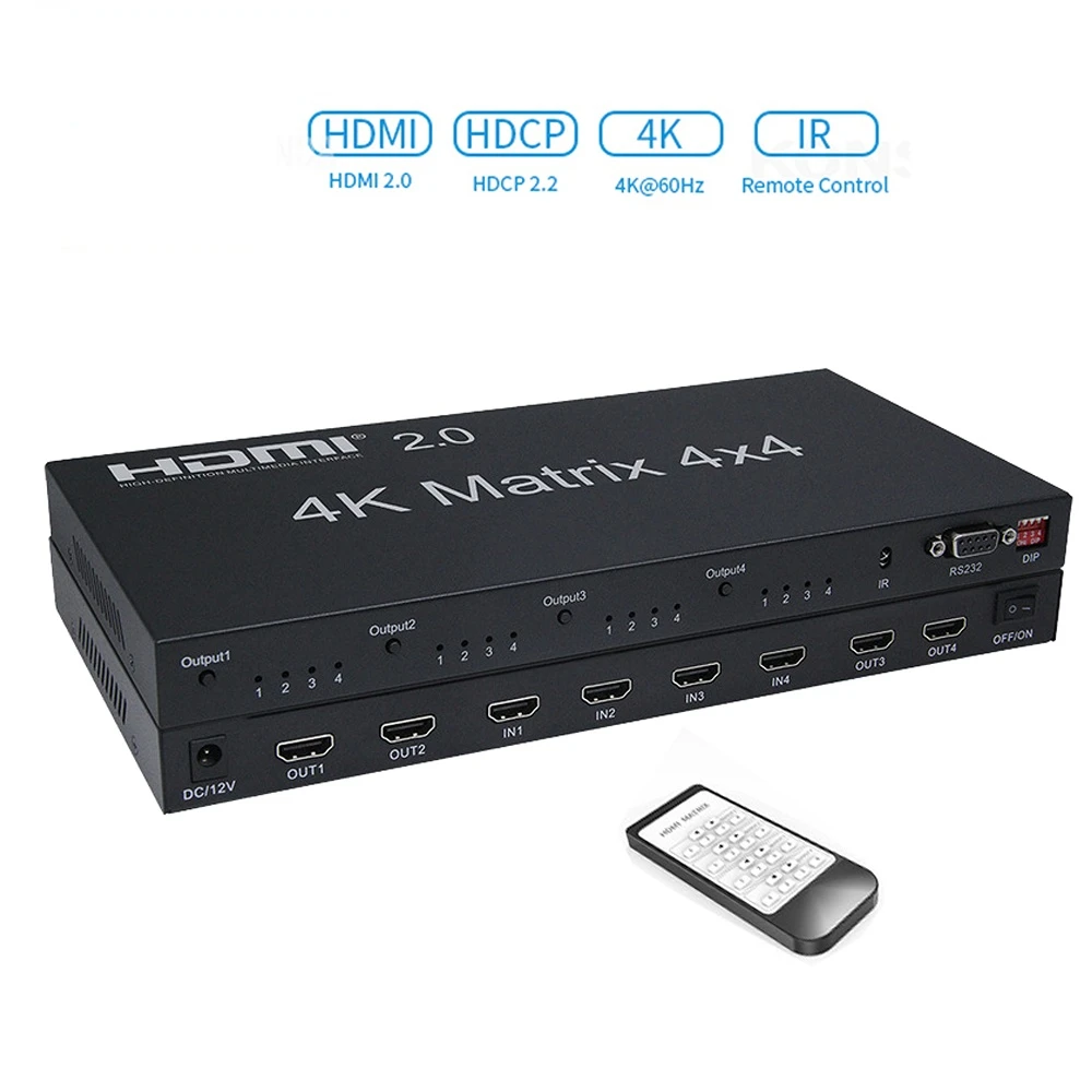 4K 60Hz True HDMI Matrix 4x4 HDMI 2.0 4 in 4 out Matrix Switch Splitter Converter 4X4 Matrix with RS232& EDID control HDCP