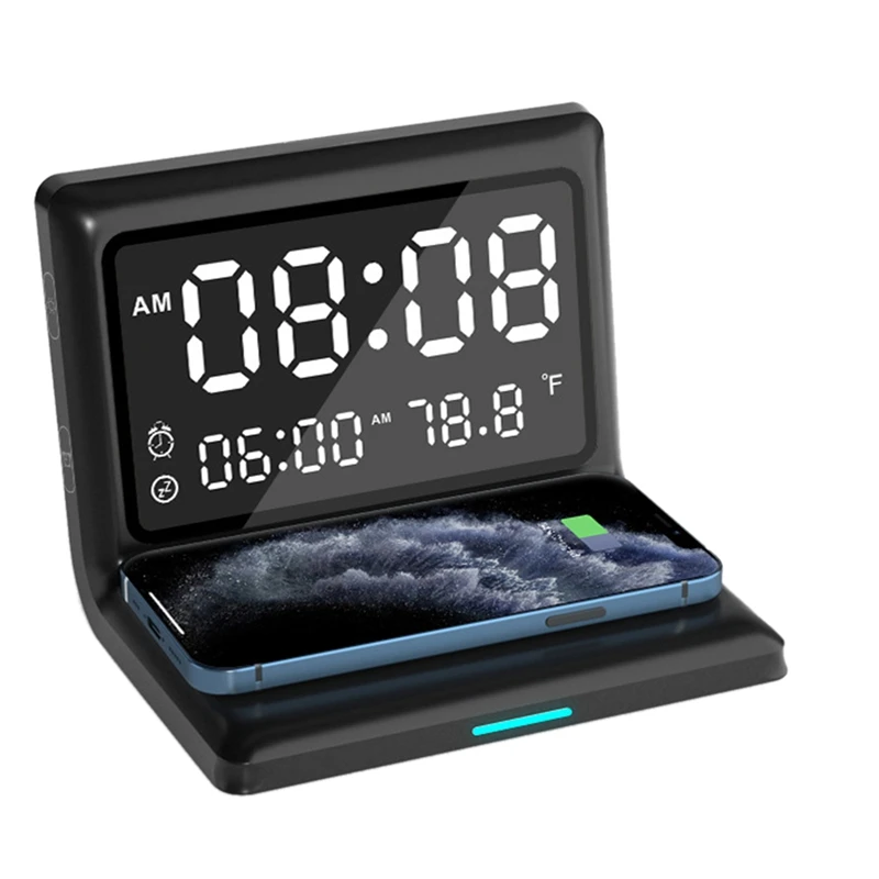 

Botique-Alarm Clock Wireless Charger With Digital Thermometer LED Desk Lamp For Bedroom 15W Mobile Phone Fast Charger