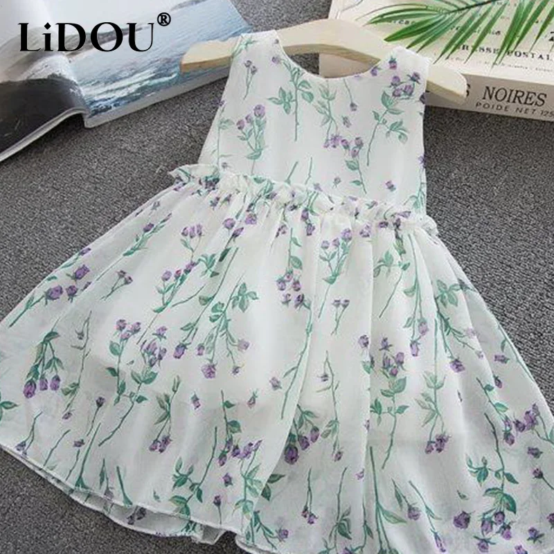 

2023 New Korean Fashion Summer Dress Girls Print Vintage Elegant Fashion Grace Cute Kawaii Sweet Aesthetic Sleeveless Robes