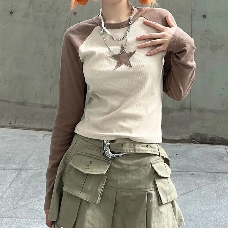 

Шикарная модная женская уличная одежда Hikigawa, винтажная Лоскутная Повседневная футболка контрастных цветов со звездами, тонкий универсальный Топ с длинным рукавом для женщин