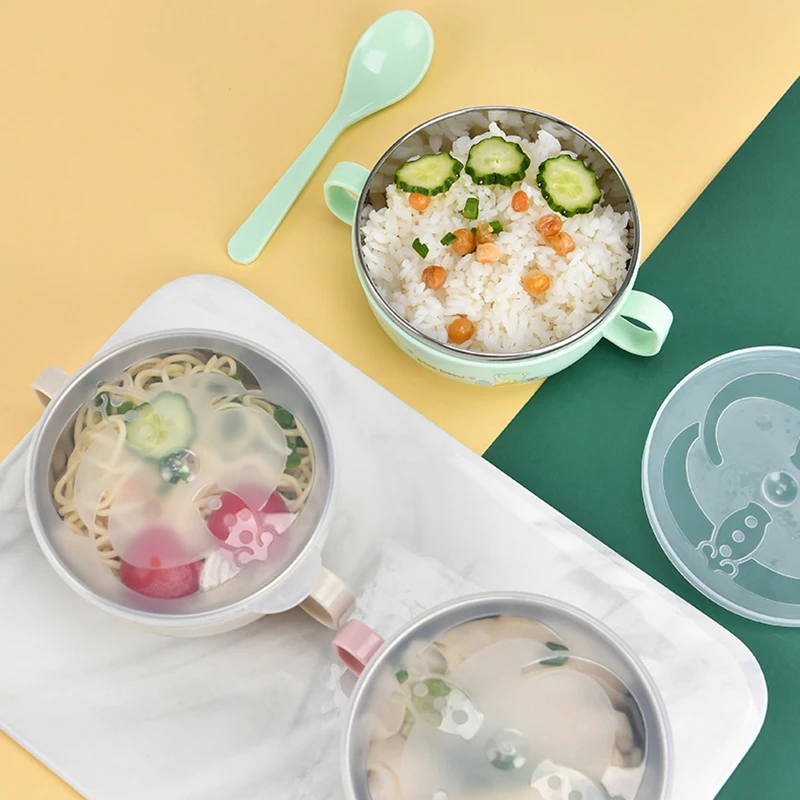 

Baby Feeding Bowl Stainless Steel Insulation Bowl Spoon Set Children Tableware Cartoon Printed Children Food Bowl BPA Free 300ml