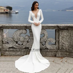 Sexy Wedding Dress Sparkling Beading Sequin Side Transparent Long Sleeves V Neck Women Mermaid Bridal Gown Custom Size Dresses