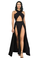 sexy cross strap off shoulder solid color split black long dress 2020 summer women asymmetrical party club dress plus size m 3xl