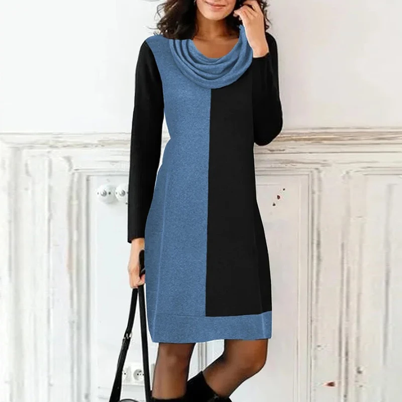 

Elegant Harajuku Loose Straight Dress Female Casual Contrasting Colors Mini Dress Fashion Pile-Collar Long Sleeve Commuter Dress