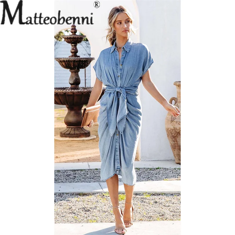 

2023 Women's Studded Button Splicing Cardigan Denim Dresses Ladies Elegant Vintage Lace-up Shrink Waist Lapel Neck Casual Dressy