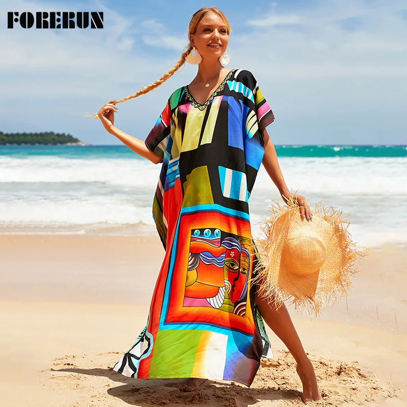 

FORERUN Bohemain Beach Long Dress Women Printed Cotton Side Split Kaftan Robe Tunic Summer Beachwear Bathing Suit Cover Ups