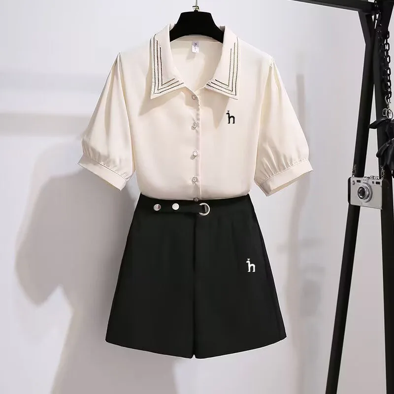 Women's Shirt Set Embroidered Logo Short Sleeve and Short Skirt 2-Piece Set 2023 New Summer Fashion Casual Chiffon Shirt