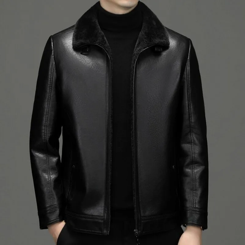 Business plus velvet leather jacket men's simple lapel large size thickened faux leather jacket work clothes leather jacket men