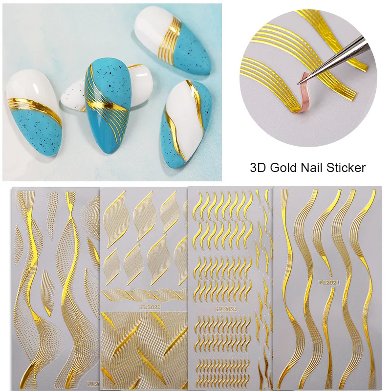 Pegatinas de uñas doradas 3D, línea geométrica, calcomanías de Metal onduladas, líneas de diseño, cinta de rayas, envolturas deslizantes para decoraciones de manicura