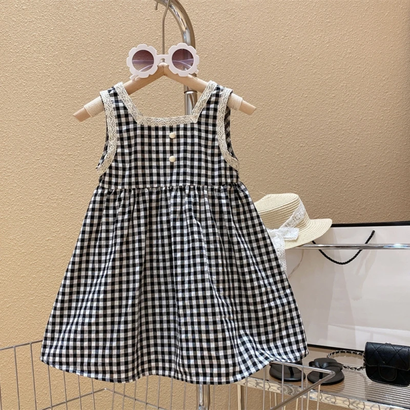 

Summer Toddler Kids Girl Dress Sleeveless Lace Bound Sweet Black And White Check Princess Tank Top Dress For Girls Clothing