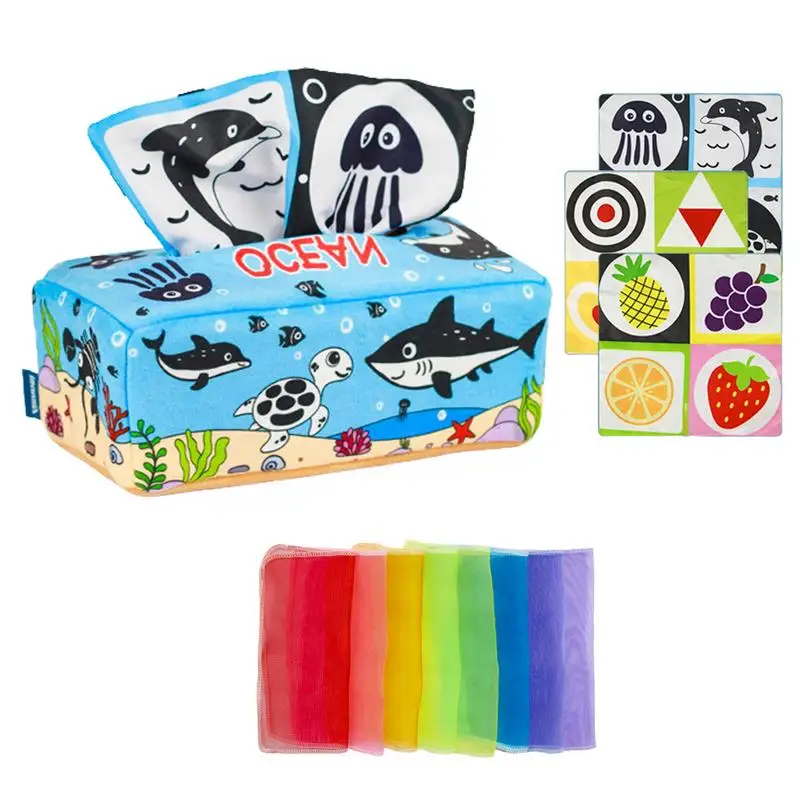 

Baby Tissue Box Toy Kids Sensory Toys Vivid Cartoon Sea Animal Toys Montessori Toys Colorful Soft Scarf Box For Toddlers Infants