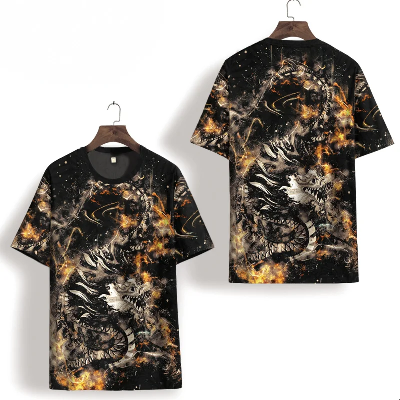 

Vintage Chinese Style Dragon Pattern Print Short Sleeve Tees Tops Summer New Quality Hollow Icy Smooth T Shirt Men Oversized 7XL