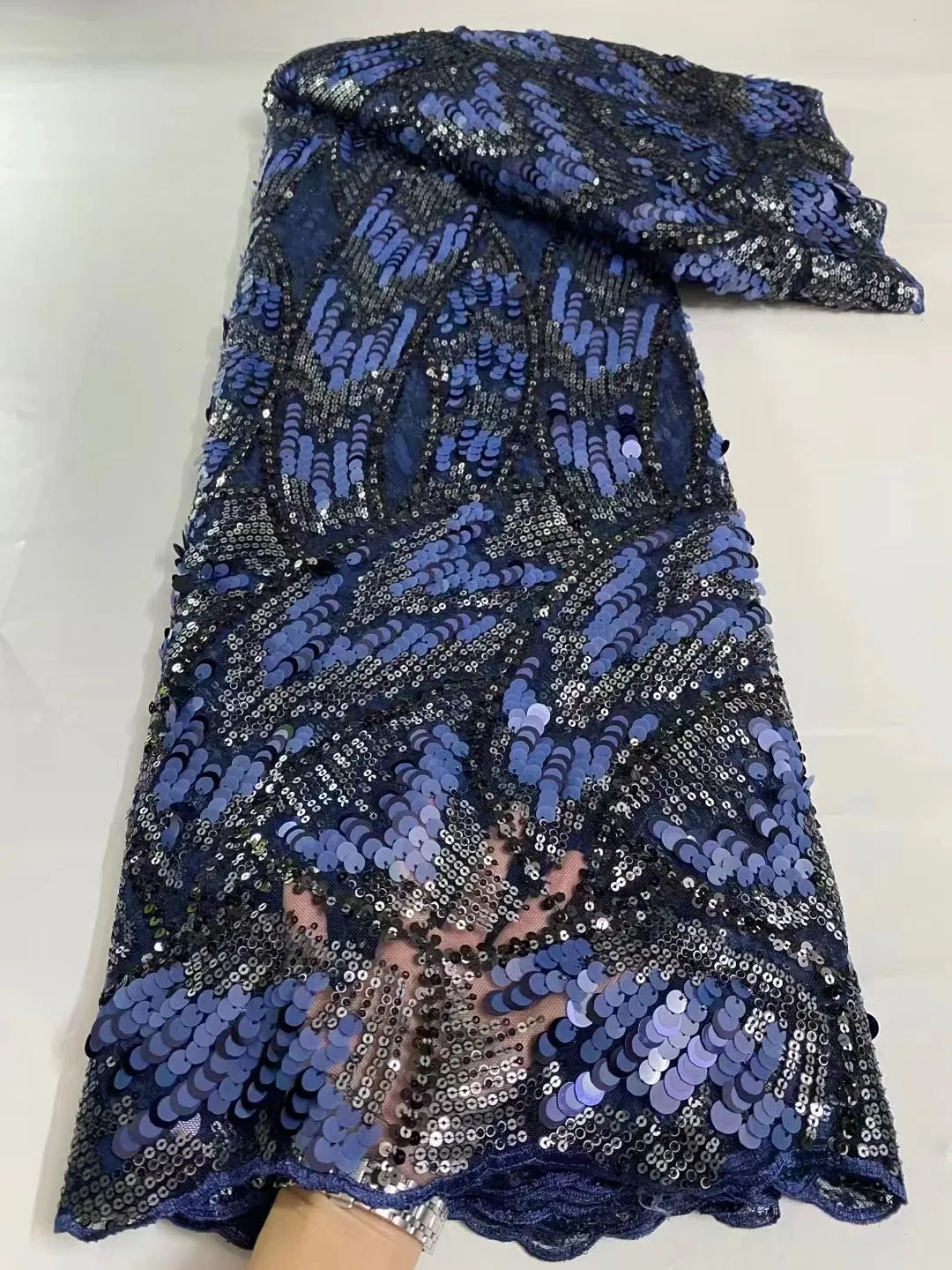Новейшая синяя африканская кружевная ткань с цветными блестками