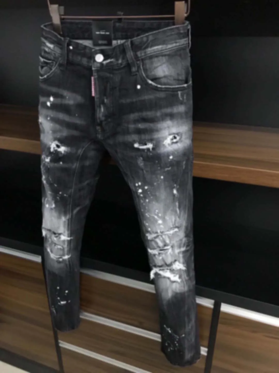 2022 Spring/Summer New D2 Jeans Fashion Men's Worn Hole Patch Paint Fashion Print Micro Elastic Slim Fit Small Straight Sleeve