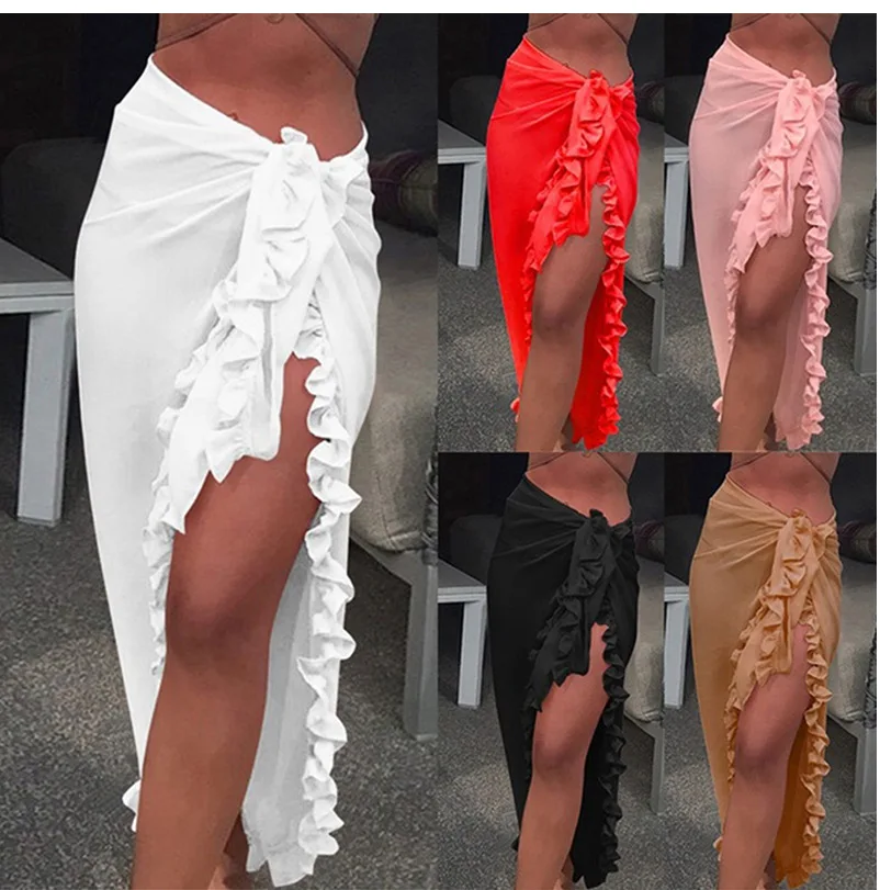 

Casual Sunscreen Beach Skirt for Women Ruffle Chiffon See-Through Beach Bikini Cover Up Wrap Scarf Swimwear Pareo Sarong Dress