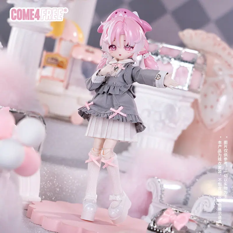 Фото Новый комплект одежды для куклы BJD 1/8 Come4free: милое серое платье, розовые носки с бантом, полный набор (только одежда, кукла не включена) №4