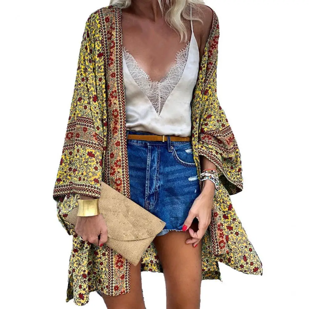 

Long Sleeve Sun Protection Women Cardigan Quick Drying Summer Open Front Bohemian Floral Printed Shirt for Beach Women Cover Up