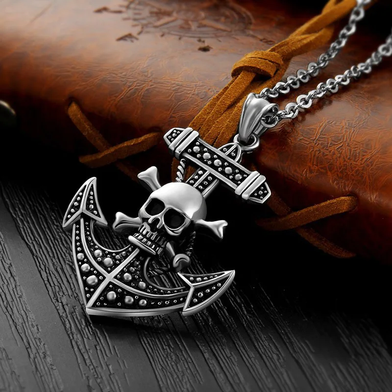 

Men's necklace Japanese and Korean one piece skull boat anchor pendant men hanging ornaments pendant steel chain trendy men ring