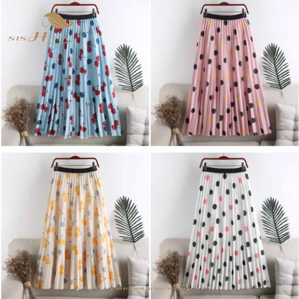 

2022 Summer Women's Casual Cherry Wave Point Printing Medium Long Pleated Skirt Commuter Simple High Waist Slim Skirt VD2965