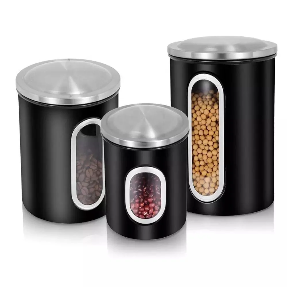 Metal Food Safe Tea Sugar Coffee Storage Airtight Kitchen Stainless Steel Window Canister Set