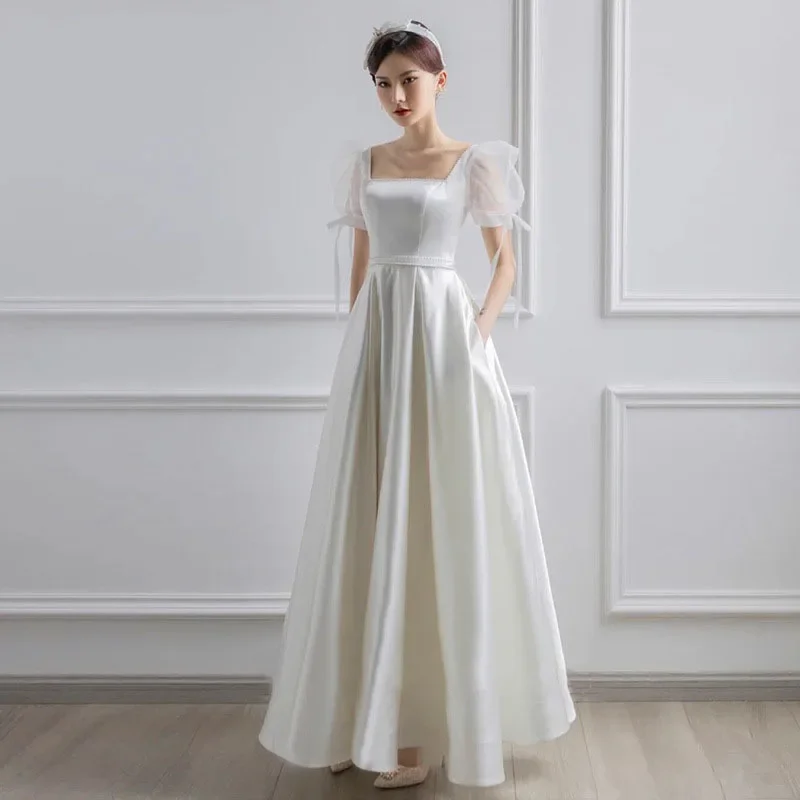 Милое атласное свадебное платье с памятью 2024 винтажное квадратным вырезом и