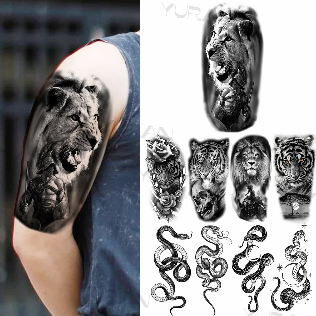 Большие черные львиные Временные татуировки рыцарь для мужчин взрослые тигр
